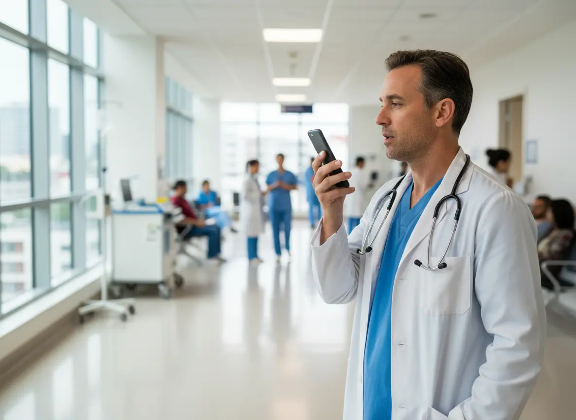 Médecin à l'hôpital dictant un rapport sur smartphone avec la reconnaissance vocale Voicepoint Xenon® Dragon