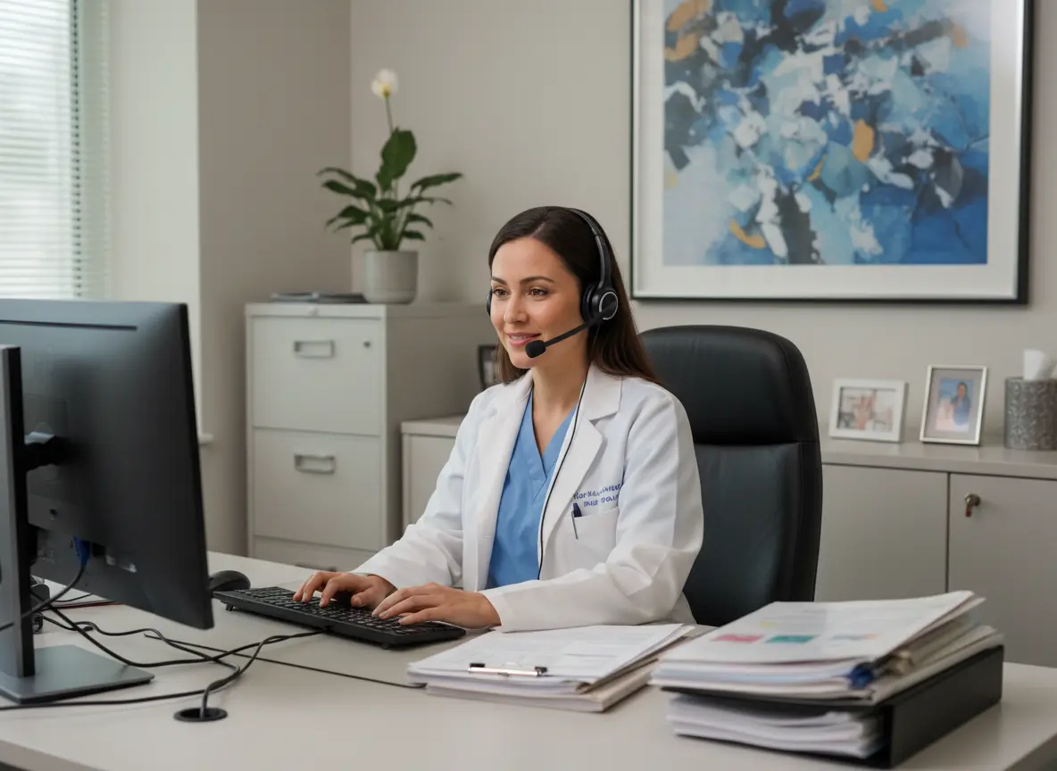 Secrétaire médicale avec micro-casque traitant les dictées reçues via Voicepoint Xenon® Dictation