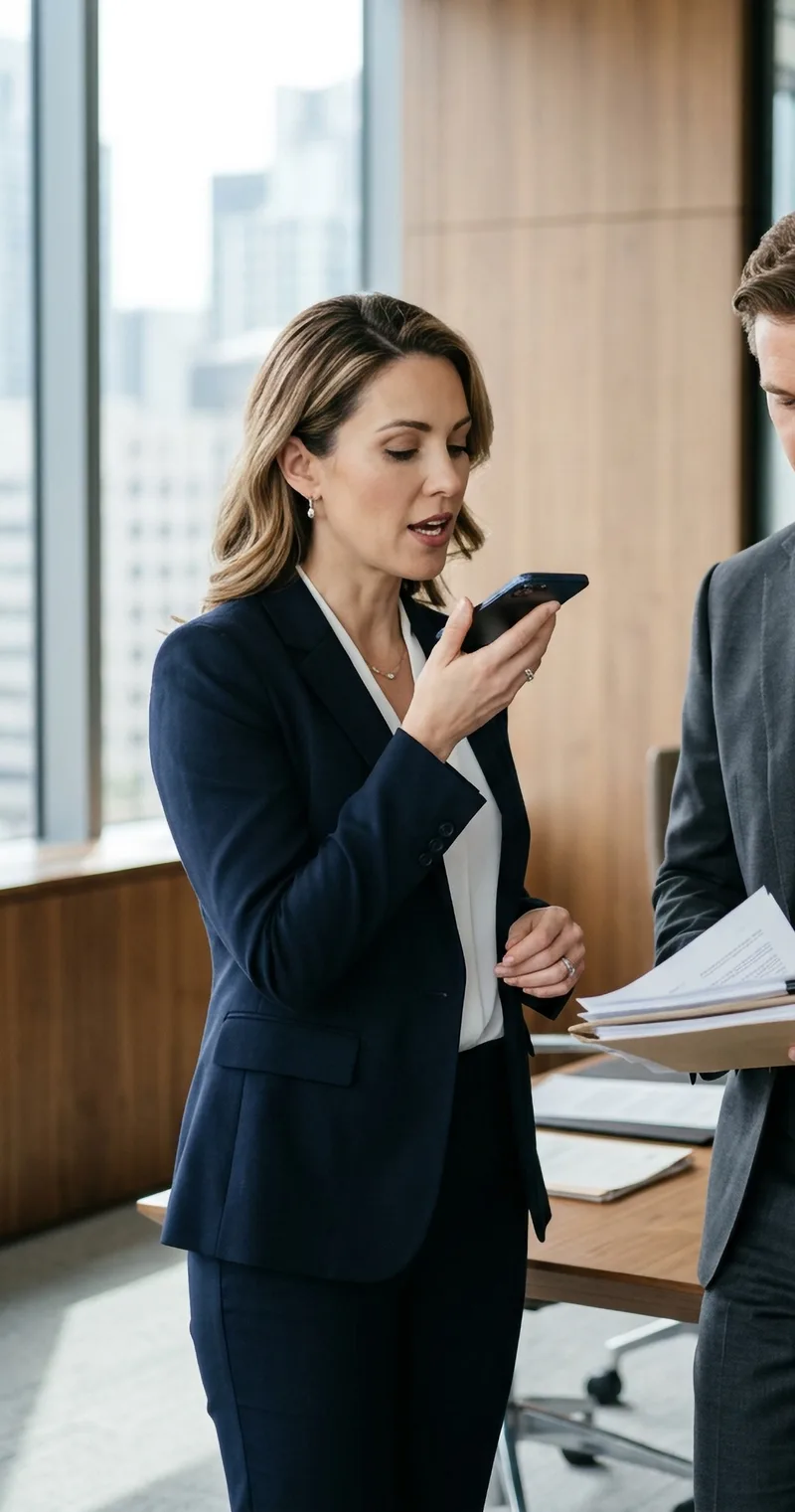 Avocate dictant sur son smartphone avec la reconnaissance vocale juridique