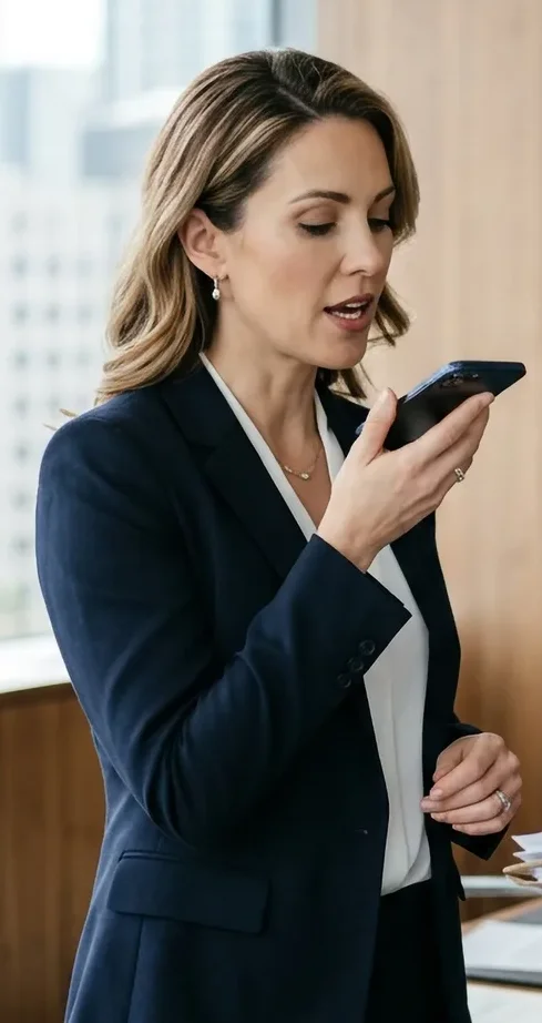 Avocate dictant un document sur smartphone grâce à la reconnaissance vocale juridique proposée par RBI à Genève
