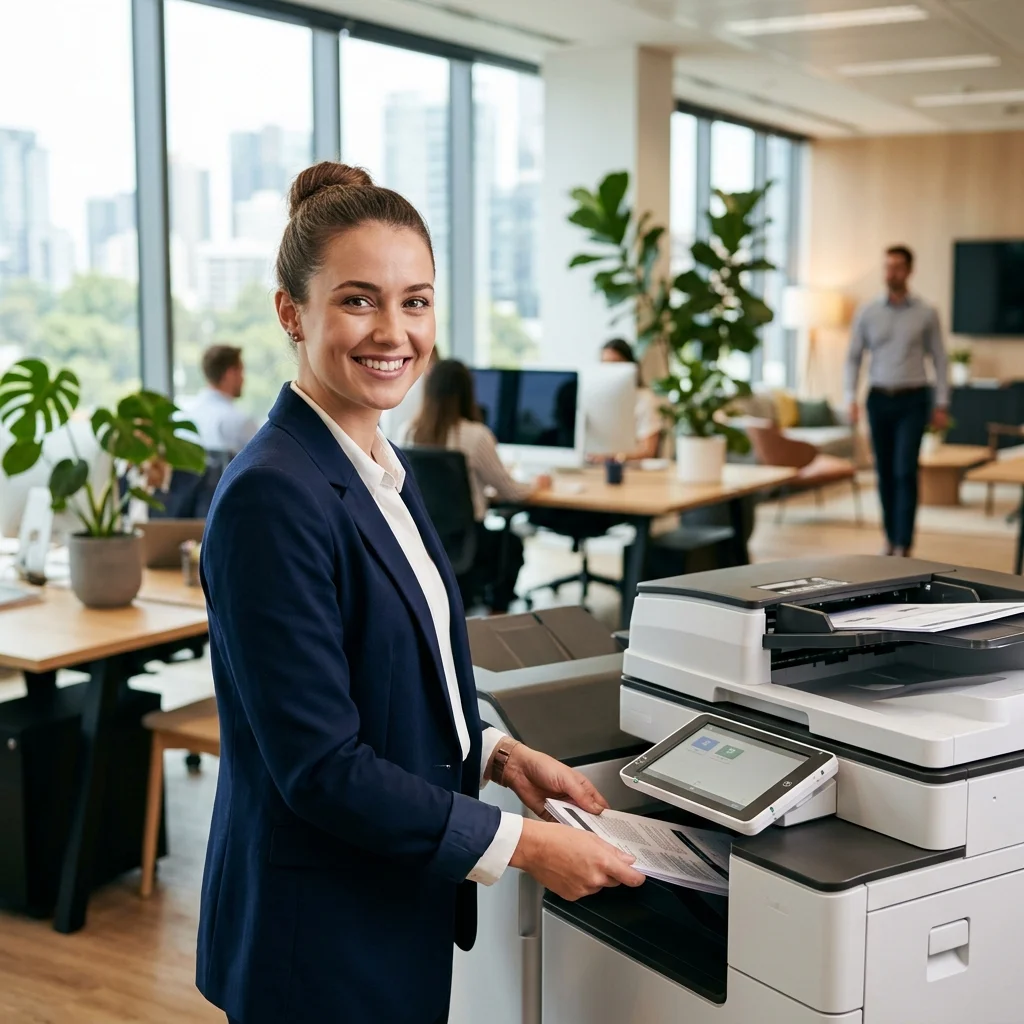 Employée récupérant des documents imprimés sur un copieur multifonction professionnel au bureau