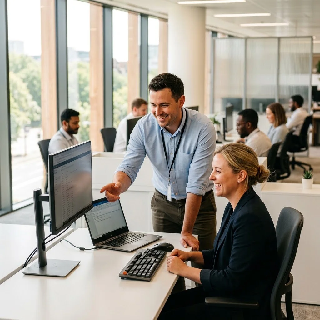 Technicien informatique aidant une collaboratrice sur son poste de travail au bureau