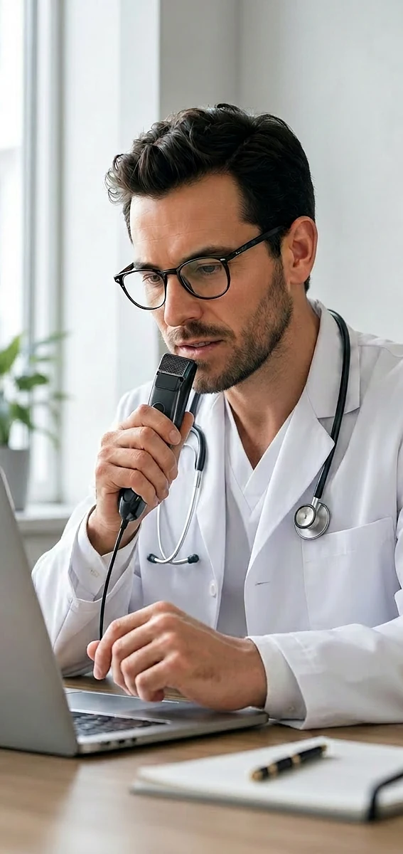 Médecin dictant au microphone devant son ordinateur avec la reconnaissance vocale