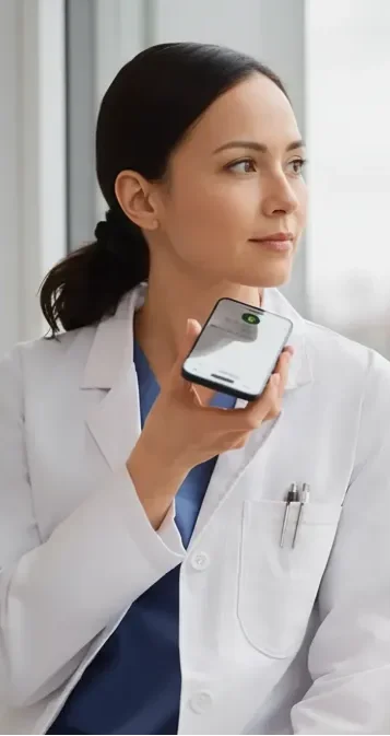 Médecin dictant un rapport sur smartphone grâce à la reconnaissance vocale médicale proposée par RBI à Genève