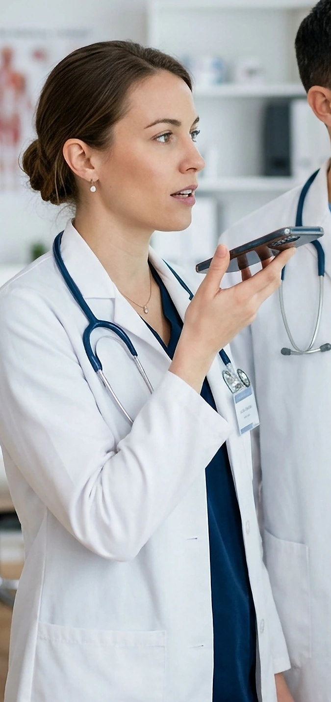 Médecin dictant un compte rendu sur son smartphone