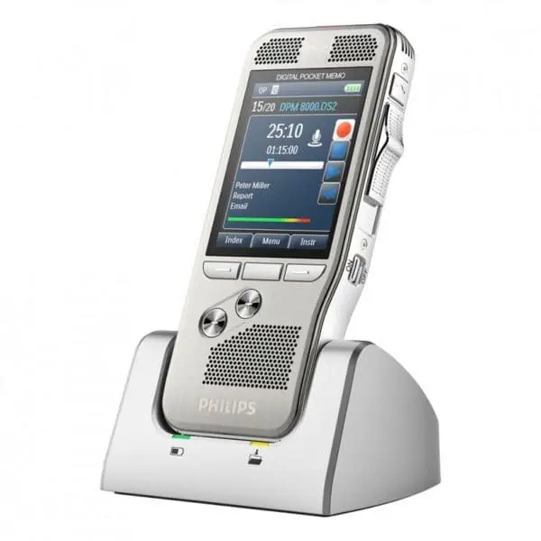 Dictaphone Philips Pocket Memo DPM 8000 sur sa station
