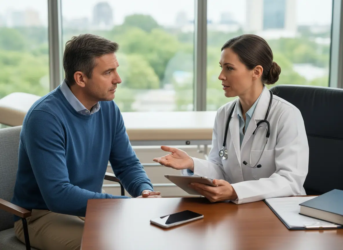 Médecin en consultation avec un patient pendant que l’assistant IA Voicepoint Xenon® Fusion rédige le résumé clinique